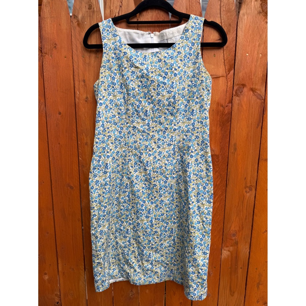 Petite Sophisticate Floral Sheath Dress Blue Green Calico Sleeveless Size 0